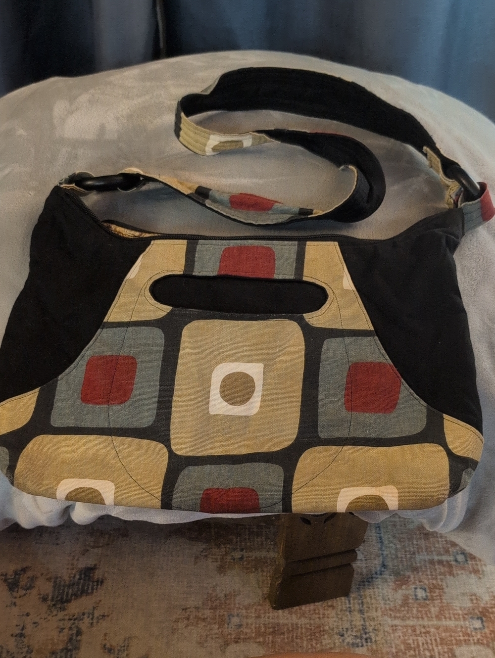 Geo-Print Shoulder Bag in Black, Tan & Red